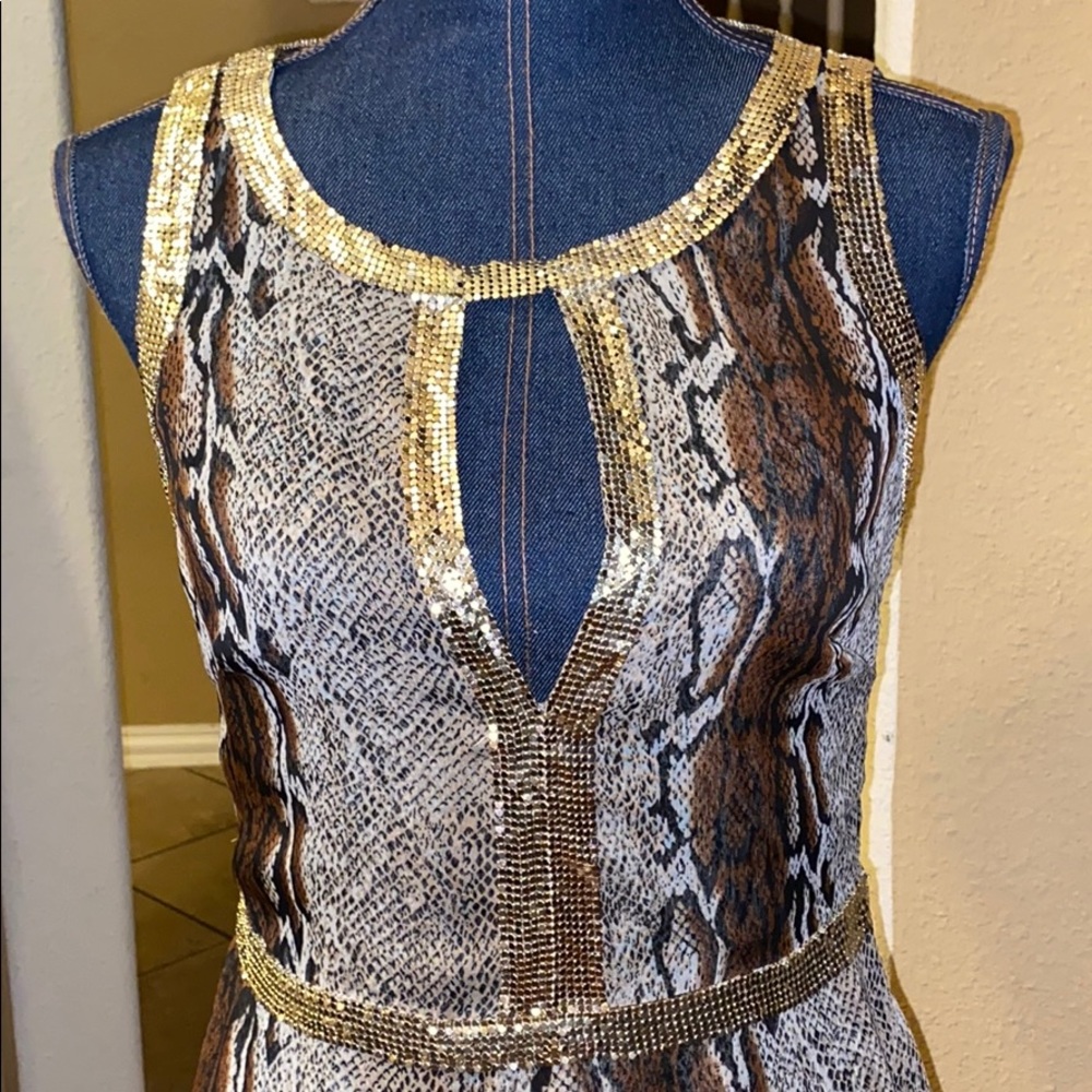 Sheri Bodell Snake Print Sequin Trim Tank Top in Brown and Gold - Picture 2 of 4